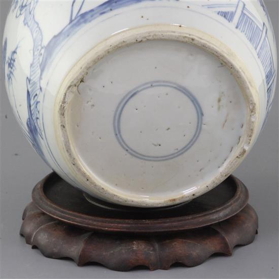 A Chinese Three Friends blue and white ovoid jar, early 18th century, height 27cm including wood stand and cover